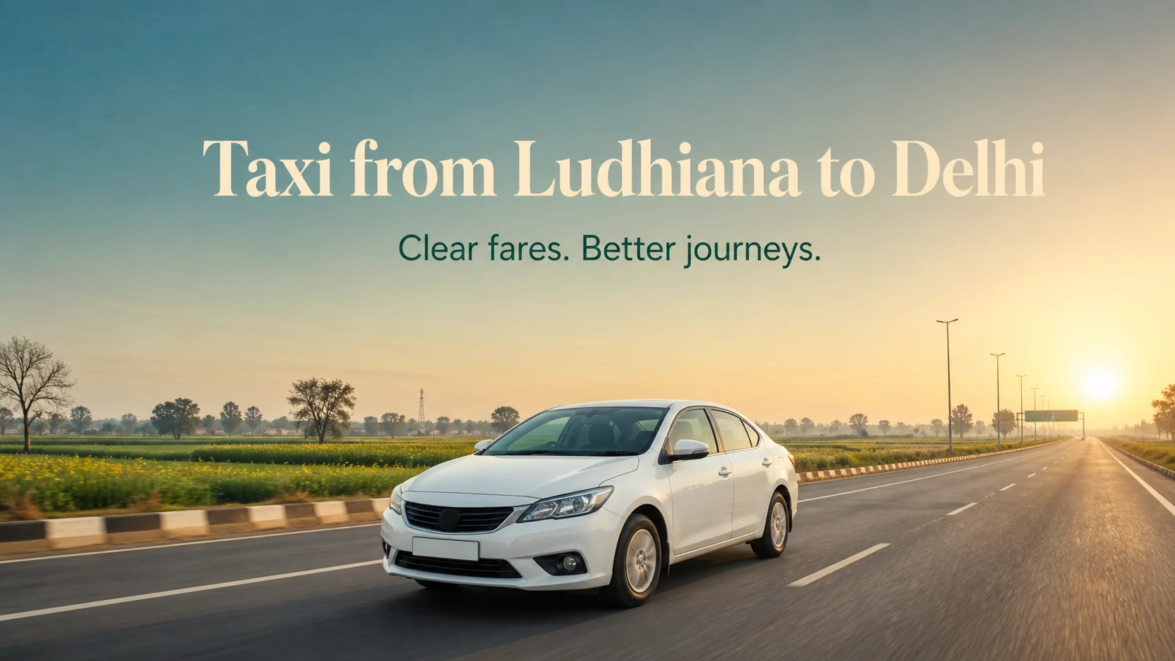 White sedan travelling on a highway between Ludhiana and Delhi at sunrise